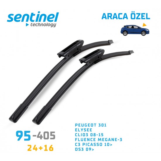 Araca Özel Silecek Takımı Peugeot 301, Elysee, Clıo3 08-15 .Fluence Megane-3, C3 Pıcasso 10>,  Ds3 09> 24" 16" 95-405